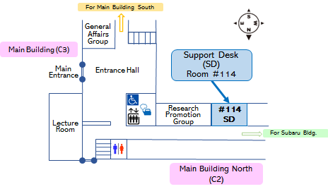 国際連携室の場所を示す地図、中央棟北内部